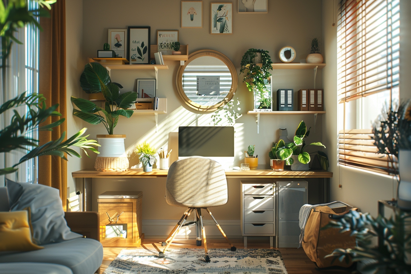 Bureau à domicile ensoleillé et plantes vertes.